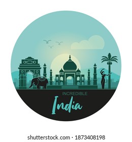 Stylized landscape with the sights of India and a dancing woman in the form of a circle
