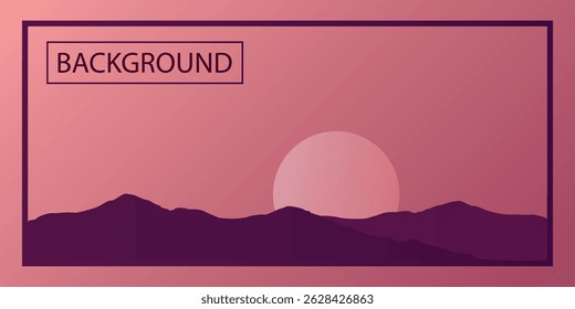 a stylized landscape with silhouettes of mountains against a pink sky with the sun on the right, creating a calm atmosphere.