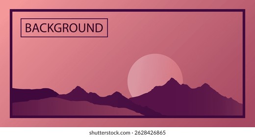 a stylized landscape with silhouettes of mountains against a pink sky with the sun on the right, creating a calm atmosphere.