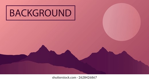 a stylized landscape with silhouettes of mountains against a pink sky with the sun on the right, creating a calm atmosphere.