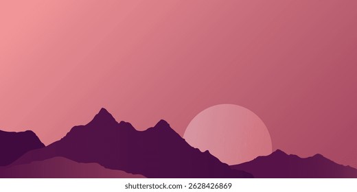 a stylized landscape with silhouettes of mountains against a pink sky with the sun on the right, creating a calm atmosphere.