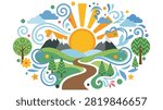 Stylized landscape with sun, clouds, mountains, hills, road, trees, flowers, and decorative swirls. Vibrant nature scene.