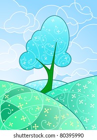 Stylized landscape of swirly patterns in spring