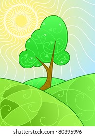 Stylized landscape of swirly patterns in summer