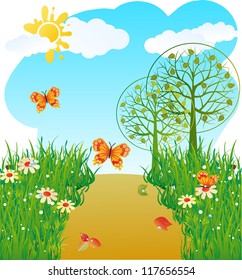 Stylized landscape with trees, butterflies and flowers.