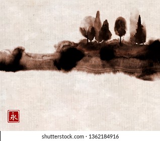 Stylized landscape with trees in fog. Traditional Japanese ink wash painting sumi-e. Hieroglyph - eternity.