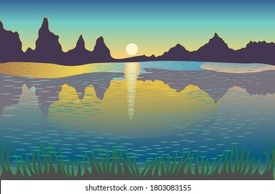 Stylized landscape, view over a lake with a mounting range on the horizon at sunrise