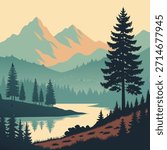 Stylized landscape with a winding river, pine forest, and distant mountains Keywords: stylized, landscape, river, winding, pine forest, mountains