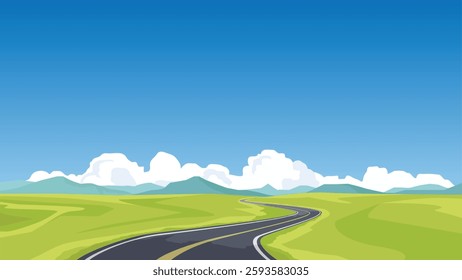 Stylized landscape with a winding road leading into the distance. Fluffy white clouds dot a bright blue sky above rolling green hills. Whimsical scene that evokes a sense of journey and open space.