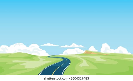 Stylized landscape a winding road leading into the distance. Fluffy white clouds dot a bright blue sky above rolling green low hills. Whimsical scene that evokes a sense of journey and open space.