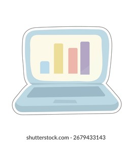Pantalla estilizada del ordenador portátil que muestra gráfico de barras multicolor. Ideal para conceptos como análisis, crecimiento de negocios, visualización de datos y presentaciones tecnológicas en entornos digitales modernos