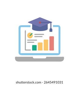 Stylized laptop shows a chart with a graduation cap, isolated on black. Flat design style with pastel colors.