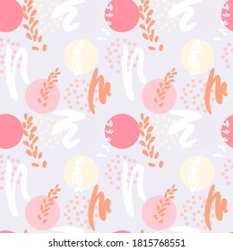 Flores de lavanda estilizadas y trazos de pincel de pintura. Vector de fondo transparente con formas florales y geométricas abstractas en colores pastel.
