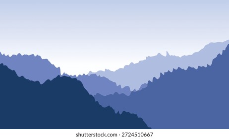 Cordilheira estilizada em camadas em vários tons de azul criando profundidade atmosférica e uma cena tranquila e minimalista, perfeita para fundos digitais ou design sereno da web