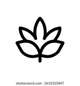 A stylized leaf design showcases multiple leaves arranged symmetrically. The illustration uses bold outlines and minimalistic features on a clean background, conveying tranquility and nature.