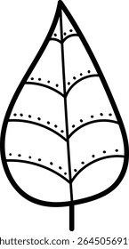A stylized leaf with dotted and striped patterns in a clean line art style. The leaf features geometric shapes and symmetrical design elements. Cartoon vector illustration.