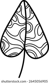 Uma folha estilizada com linhas onduladas fluindo em um estilo de desenho de contorno preto. Padrões curvos criam uma sensação de movimento e textura dentro da forma de folha. Ilustração de vetor de desenhos animados.