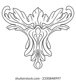 Stylized leaf. Medieval baroque floral motif. Black and white linear silhouette.