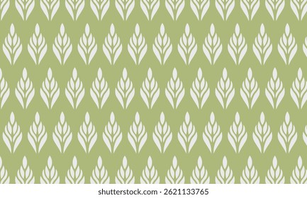 Stylized leaf pattern on an olive green background with a seamless, repetitive design. Perfect for eco-friendly themes, textiles, packaging, or natural-inspired graphics.