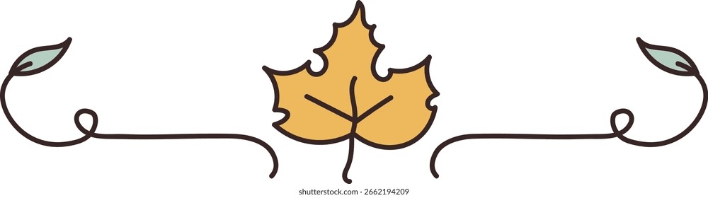 A stylized leaf with swirling lines on each side in a cartoon style. Curved lines and a central leaf create a decorative border. Cartoon vector illustration.