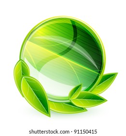 Stylized leaf textured glass circle with leaves. Vector nature concept