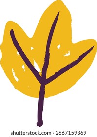 A stylized leaf with thick, dark veins and a textured surface. The leaf is depicted with a bold outline and expressive brush strokes. Cartoon vector illustration.