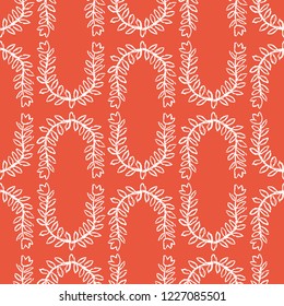 Stylized Leaf Trellis Seamless Vector Pattern. Folk Plant Quilt Grid. Hand Drawn Boho Scandi Style Illustration for Trendy Damask Textiles Prints, Decorative Garden Packaging. All Over Vintage Red