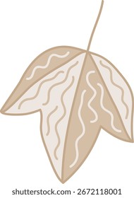 Ein stilisiertes Blatt mit wellenförmigen Linien und einem einzelnen Stamm in einem sauberen Vektorstil. Das Design des Blattes weist fließende Muster und glatte Kanten auf. Cartoon, Vektorgrafik.