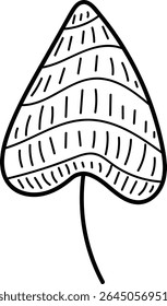 Uma folha estilizada com linhas onduladas e retas em um contorno em negrito. A folha apresenta padrões alternados criando um efeito texturizado. Ilustração de vetor de desenhos animados.
