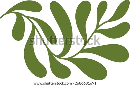 A stylized leafy branch with smooth curves and organic shapes. The illustration presents a flowing plant motif with elegant lines. Cartoon vector illustration.