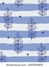 Folhas estilizadas dispostas em listras horizontais onduladas com pequenos quadrados. Linhas curvas e formas geométricas criam um padrão harmonioso. Ilustração de vetor de desenhos animados.