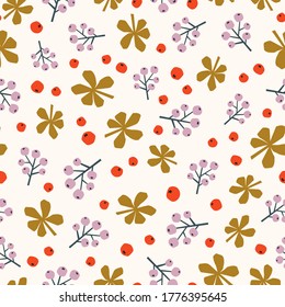 Stylized leaves and branch of berries isolated on light pink background. Drawn by hand vector seamless pattern. Floral pattern in doodle style. Flat design for textile, wrapping paper, wallpaper.