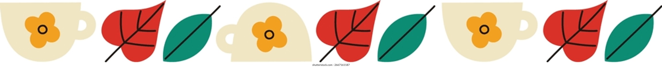 Stylized leaves and coffee cups in a repeating pattern with bold outlines. The illustration alternates between foliage and mugs in a seamless border. Cartoon vector illustration.