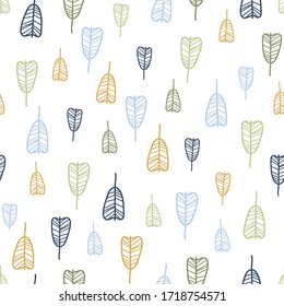 Stylized leaves isolated on a white background. Doodle style backdrop. Colored vector seamless pattern for textile, wrapping paper, flat design. Blue, yellow and green.