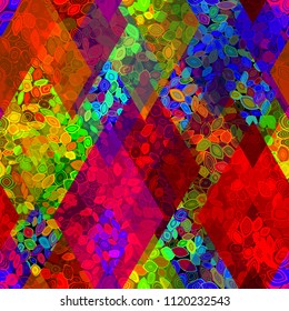 Stylized leaves and rhombus. Colorful seamless texture with decorative elements and rhombus. Abstract vector background for web page, banners backdrop, fabric, home decor, wrapping