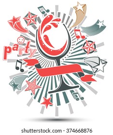 Stylized leisure backdrop with musical notes, glass goblet of wine with curvy ribbon and decorative stars. Graphic festive splash poster with design elements easy to use separately.