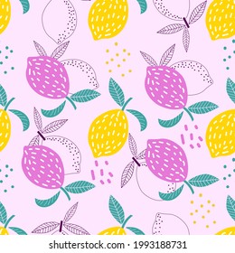 Stylized lemon fruit seamless pattern on pink background. Vector cartoon illustration.