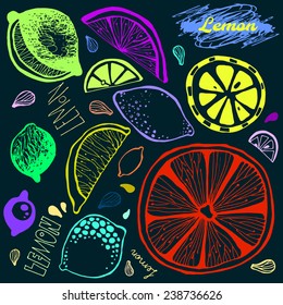 Stylized lemon hand-drawn. A lemon, cut in half, seeds and lemon. The original design of a lemon. Bright colors.
