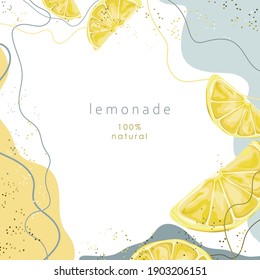 Stylized lemon on an abstract background. Slice of lemon. Natural lemonade. Banner, poster, wrapping paper, sticker, print, modern textile design. Vector illustration. 