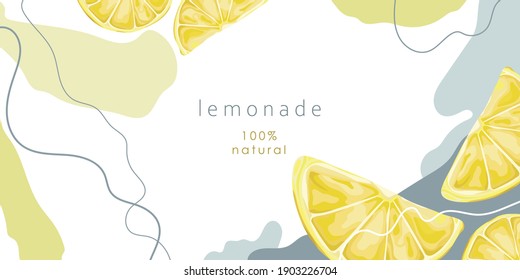 Stylized lemon on an abstract background. Slice of lemon. Natural lemonade. Banner, poster, wrapping paper, sticker, print, modern textile design. Vector illustration. 