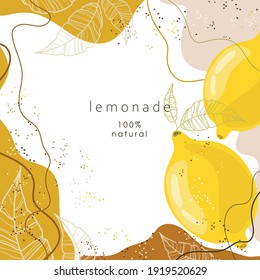 Stylized lemon on an abstract background. Yellow lemon with leaves. Natural lemonade. Banner, poster, wrapping paper, sticker, print, modern textile design. Vector illustration. 