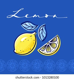 Stylized lemon with seamless border. Hand drawn vector Illustration