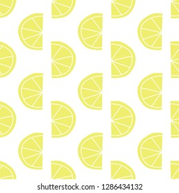 Stylized lemon slices seamless vector pattern. Contemporary fruit design in retro style. Yellow lemons on white background. Hand drawn food backdrop for summer, spring, garden party, farmers market.