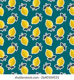 Stylized lemons in a pattern.Vector seamless pattern with yellow stylized lemons on a blue background.