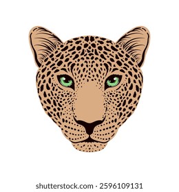 A stylized leopard head with green eyes and black spots on a white background