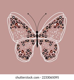 stylized leopard pattern on the wings of butterflies. concept of love, tenderness, beauty, fashion, postcard, logo. pastel pink background. One continuous line drawing of white line 