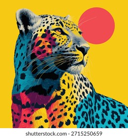 Ilustração de retrato de leopardo estilizado com cores arrojadas - Arte moderna da vida selvagem sobre plano de fundo mínimo