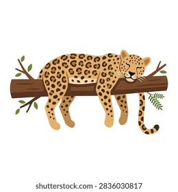 A stylized leopard rests peacefully on a thick tree branch with green leaves.