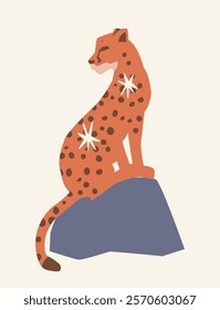 Stylized leopard with vibrant orange coat and black spots sitting on a rock. Minimalist design on a beige background. Concept of wildlife and nature. Vector illustration