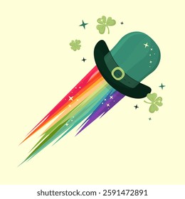 A stylized leprechaun hat flies like a comet with light green shamrocks trailing behind it. A rainbow serves as the fuel for the hat's ascent. An illustration for the celebration of St. Patrick's Day